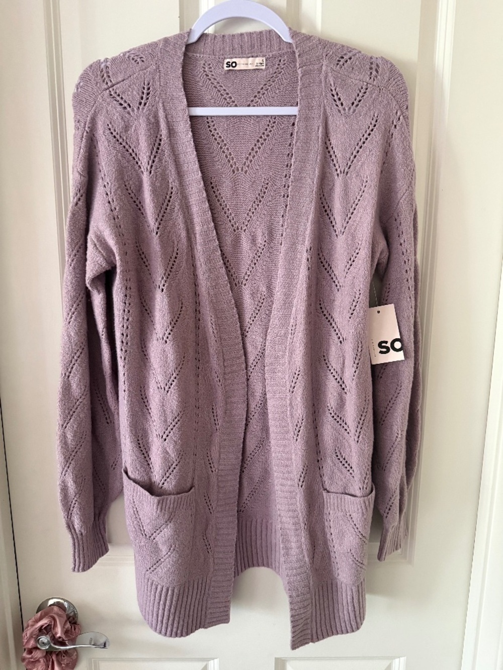 SO Goods For Life Lilac Lavender Mauve Open Knit Yarn Cloud Cardigan
